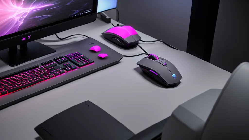 Close-up of gaming peripherals on a clean desk with soft RGB lighting
