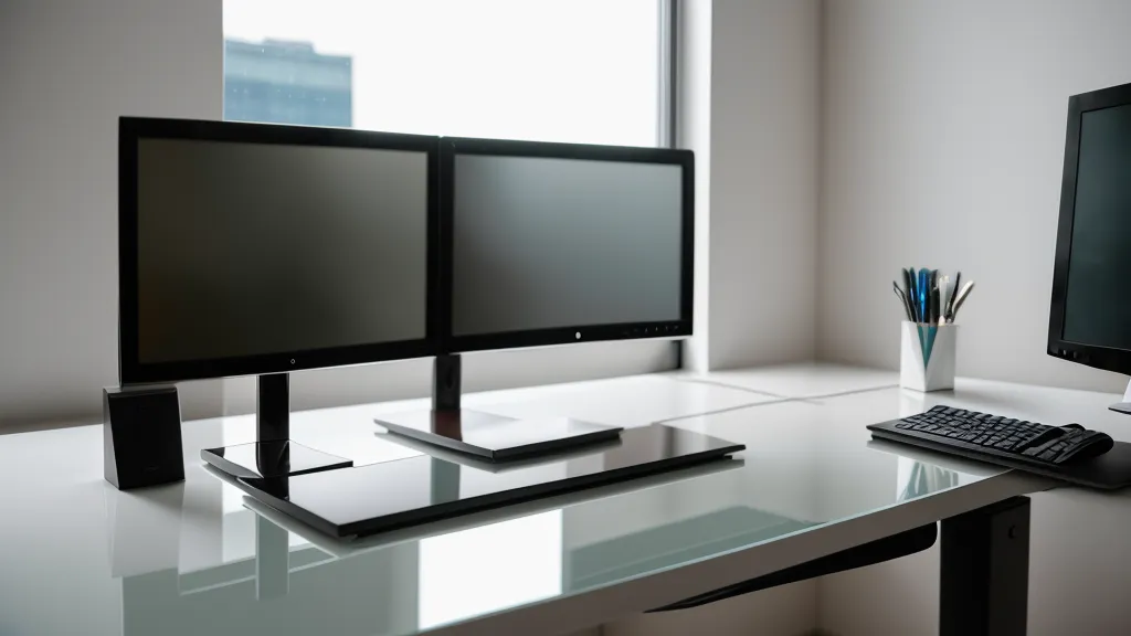 Close-up of a hand adjusting a computer monitor in a minimalist office