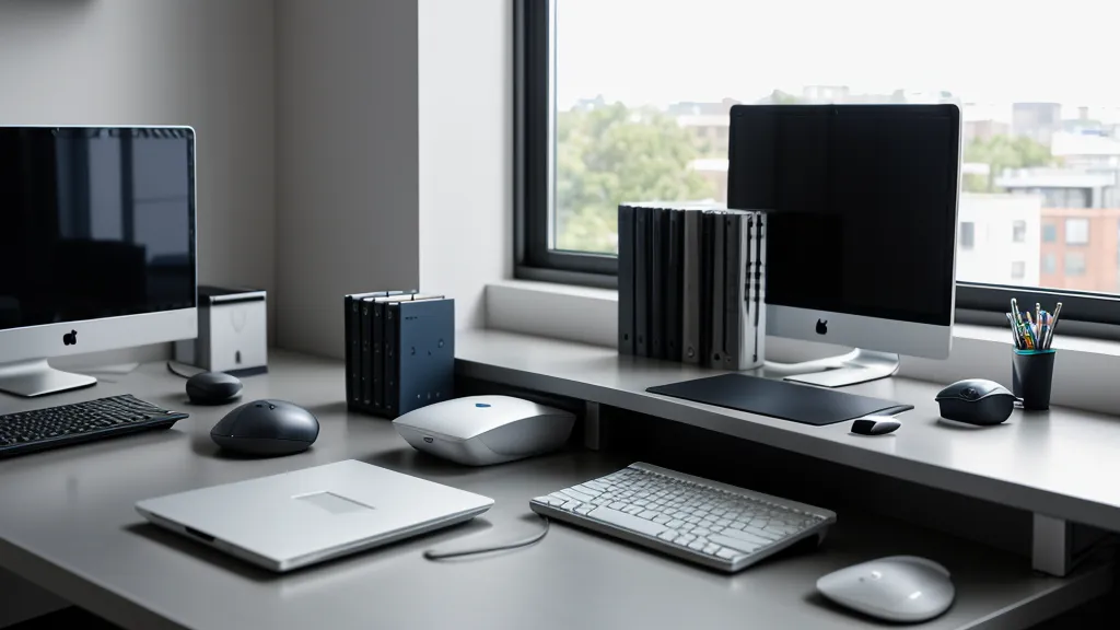 Mechanical keyboard and portable solid state drive on clean desk