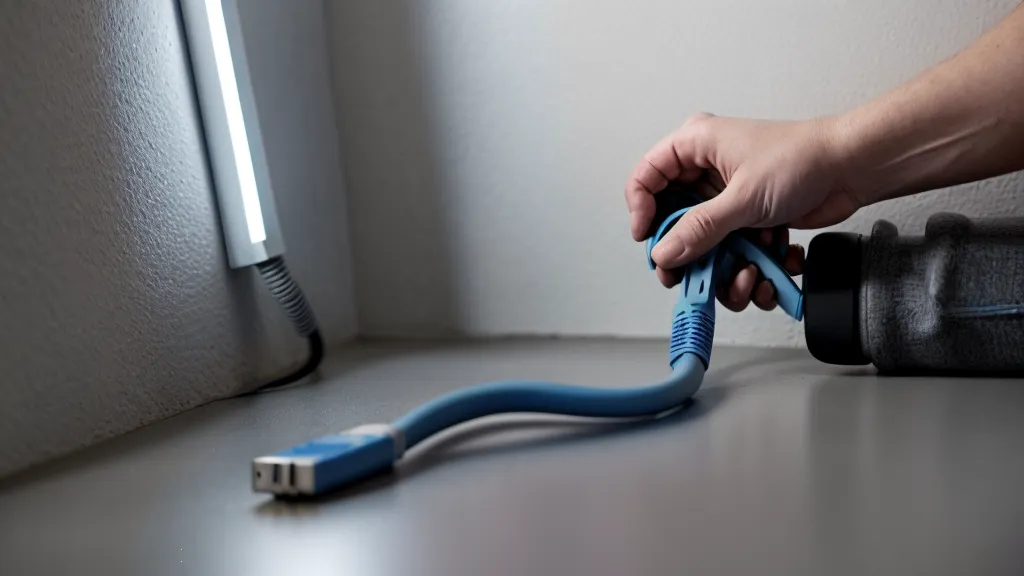 Ransomware prevention step during a security protocol: a hand unplugging a blue Ethernet cable from a white wall socket.