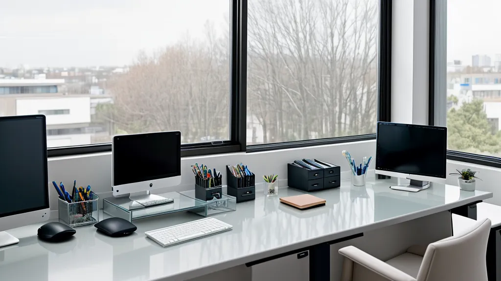 A high-end internet router glowing blue next to a computer setup