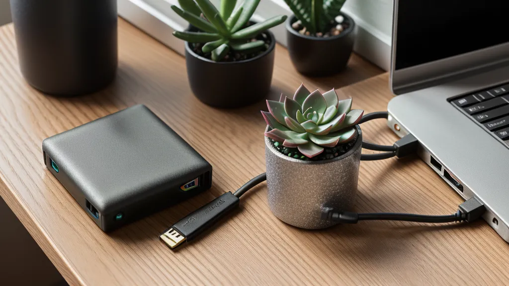 An external SSD drive used for backups sitting on a clean desk.