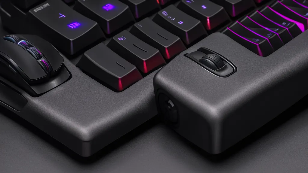 Close-up of mechanical keyboard and mouse on a dark workstation